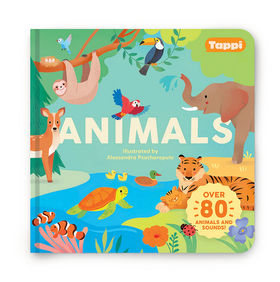 Interactive children’s book illustrated by AlePsaca (Alessandra Psacharopulo) for Tappy Books USA, featuring colorful animals and over 80 sounds