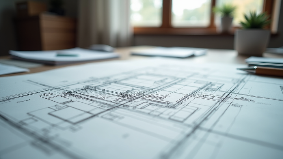 Eye-level view of architectural sketches on a desk