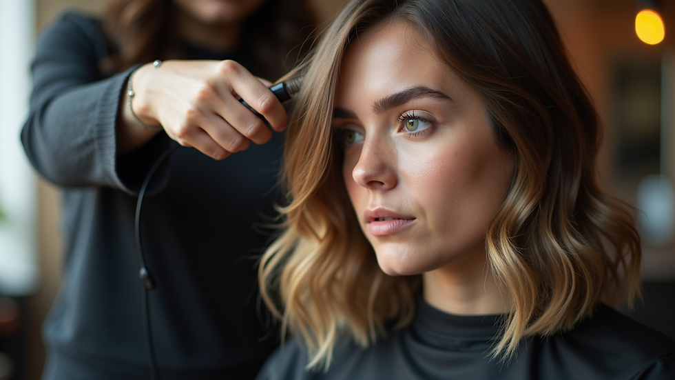 Close-up view of a stylist working on a client's hair with precision