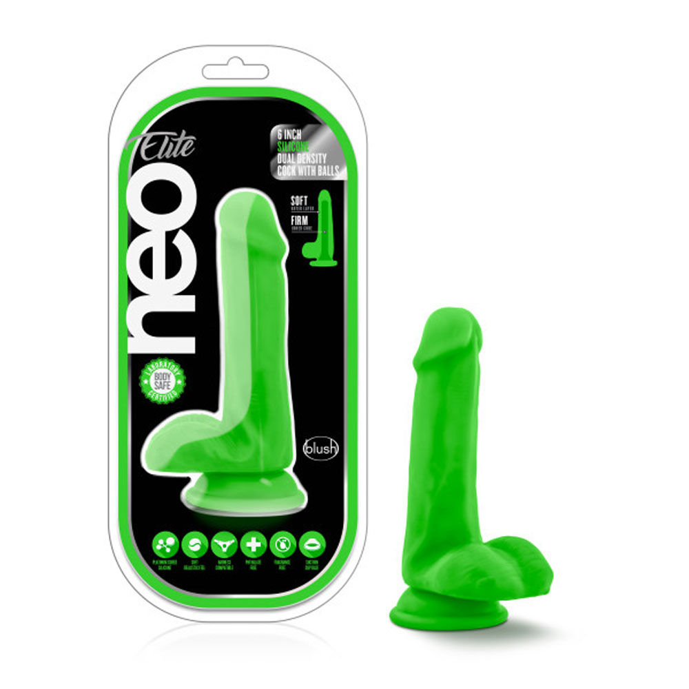 Neo Elite - 6 Inch Silicone Dual Density Cock With Balls - Neon Green