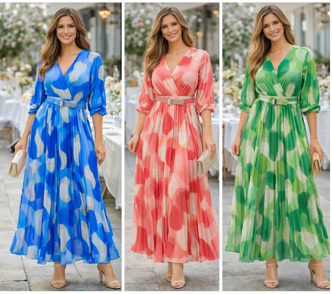 LOLA V NECK BELTED PLEATED MAXI DRESS