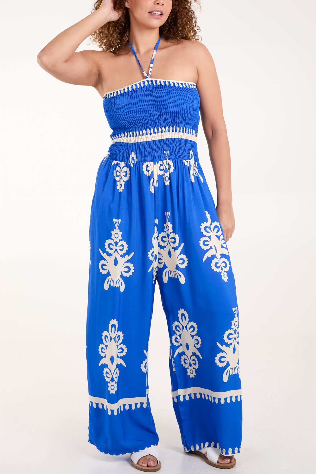 SHIRRED BODICE BANDEAU PRINTED JUMPSUIT
