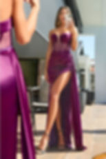 Thumbnail:  Corset Satin Fitted Gown with Sheer Bodice & Leg Slit