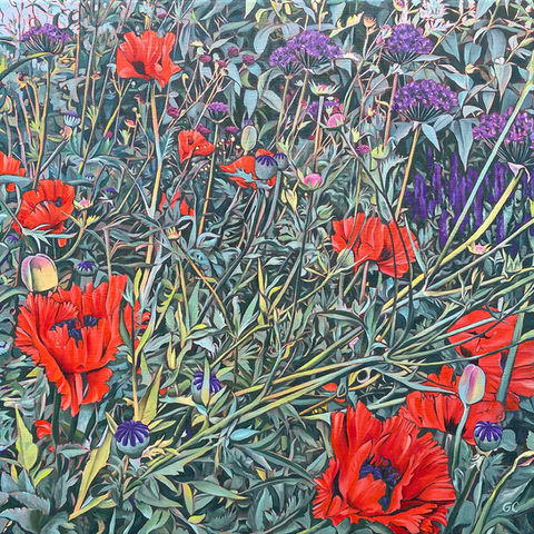poppies, alliums, foliage, oil painting