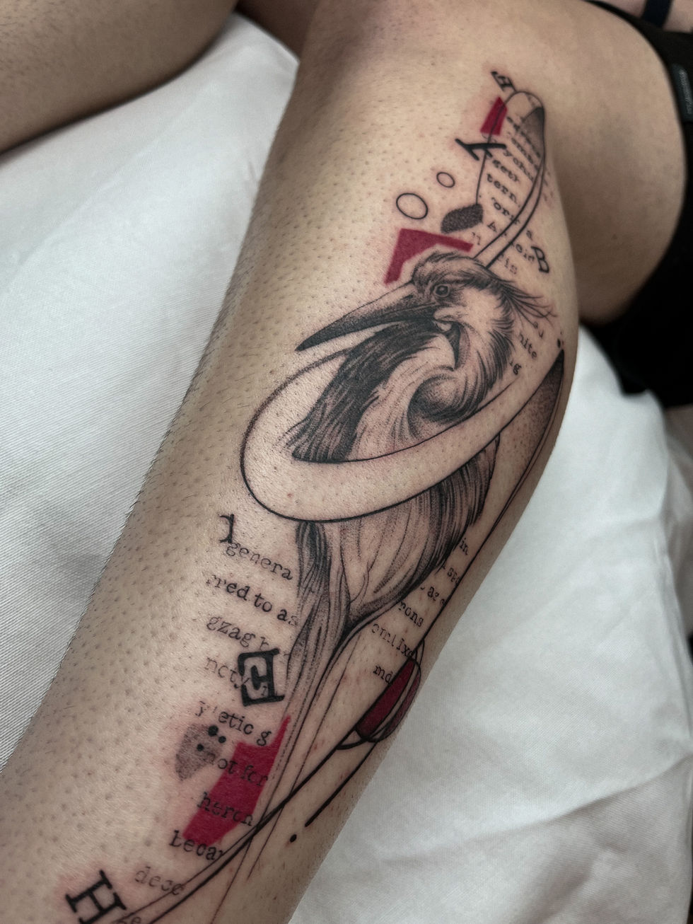 Baldır bölgesine uygulanmış, kırmızı grafik unsurlar ve metin katmanlarıyla zenginleştirilmiş balıkçıl kuşu dövmesi.