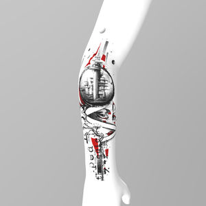 Forearm tattoo featuring a glass sphere with architectural structures, abstract red lines and fragmented female portrait