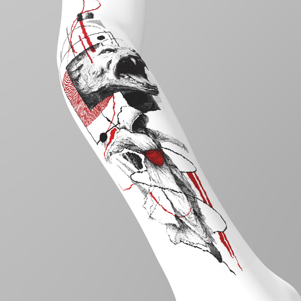 Forearm tattoo featuring a roaring wolf head, anatomical animal structure, red geometric blocks and abstract linework.