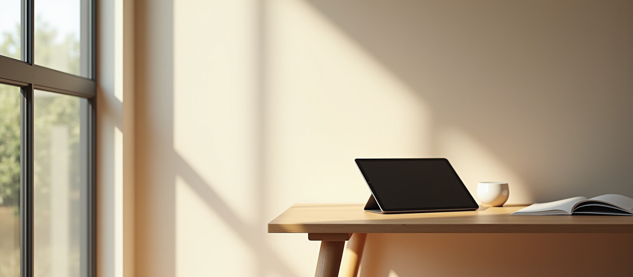 Tablet, cup, and book on a table by a sunny window
