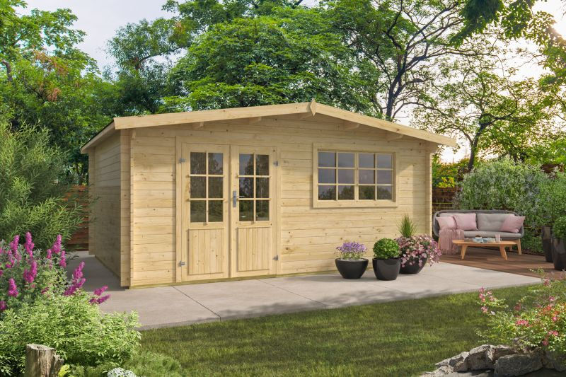 Log cabin garden house with pitched roof