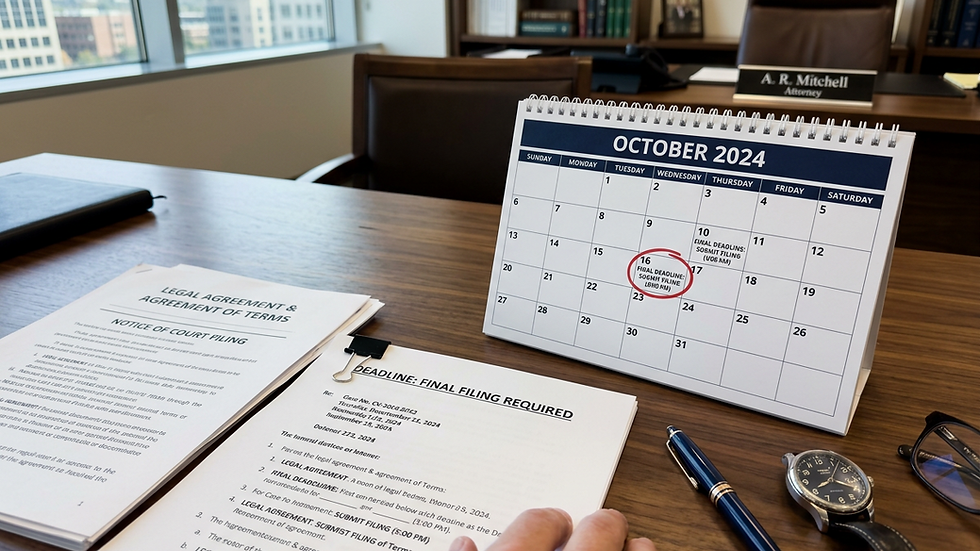 Close-up view of legal documents and a calendar showing a deadline