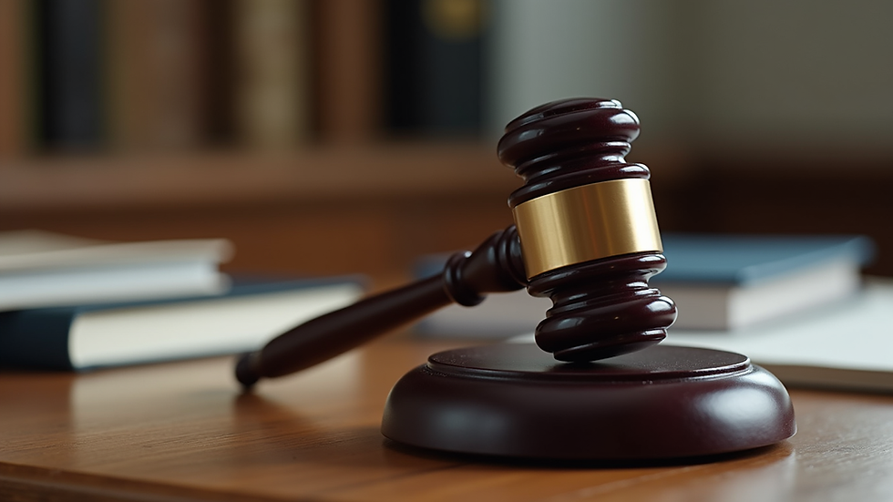 Close-up view of a gavel and legal books on a table
