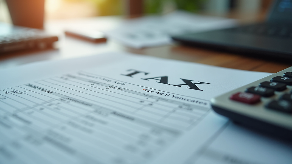 Close-up view of a calculator and tax documents on a desk