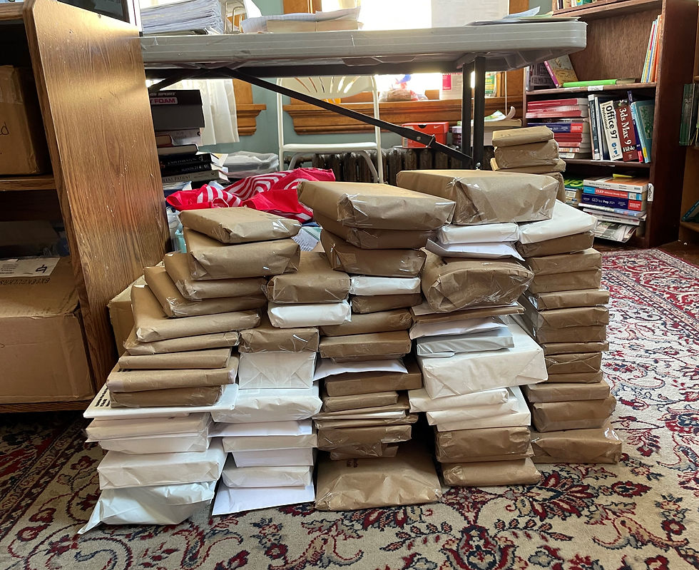 I took this photograph in the Aull Center of books ready to be mailed to people in prison.