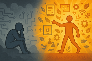 Two figures: one in gray, sitting and reflective; the other in orange, walking forward. Symbols include leaves and gears which surround the two figures. Shows a contrast in their mood.