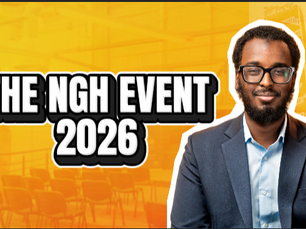 Man in a suit smiles against an orange background with chairs. Text reads "THE NGH EVENT 2026" in bold, black and white lettering.