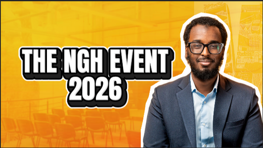 Man in a suit smiles against an orange background with chairs. Text reads "THE NGH EVENT 2026" in bold, black and white lettering.