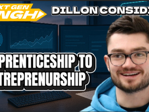 Man in glasses and a blue hoodie smiling; text reads: "Next Gen Hub, Dillon Considine, Apprenticeship to Entrepreneurship, against a tech-themed backdrop containing an office setup and a view to a city backdrop