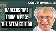 Man with glasses smiling against a backdrop of dials and circuits. Text: "CAREERS TIPS FROM A PRO: THE STEM EDITION," and "ANDY KOWALSKI."