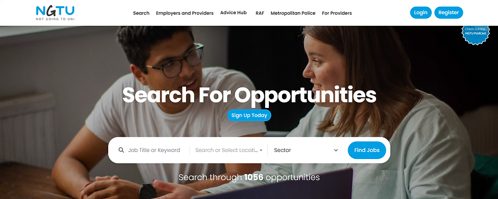 The homepage of the Not Going to Uni Website with a young man deep in conversation with a young woman.