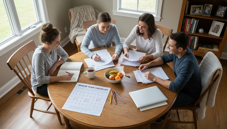 Overhead view of a family reviewing a senior year checklist at a kitchen table