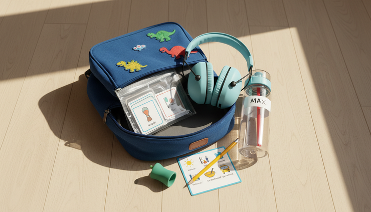 Overhead view of a school bag packed with visual cards and adaptive learning tools