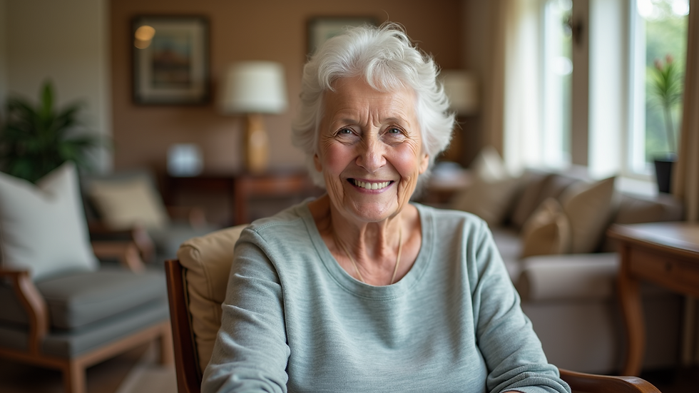 Eye-level view of a senior woman smiling in a cozy assisted living room