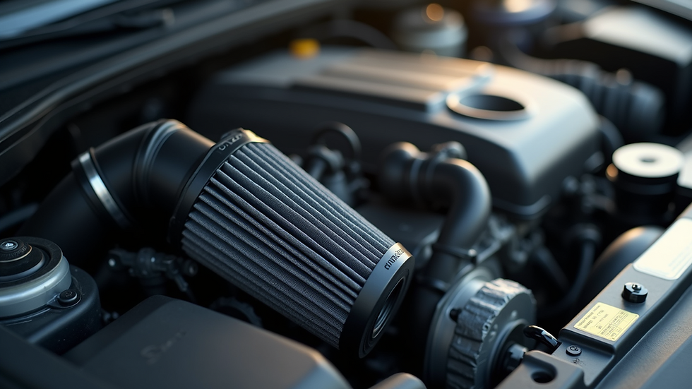 Close-up view of a car engine with a clean air filter installed