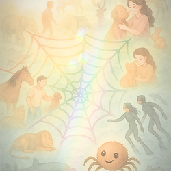 Animals, people, and a spider connected by a rainbow web.