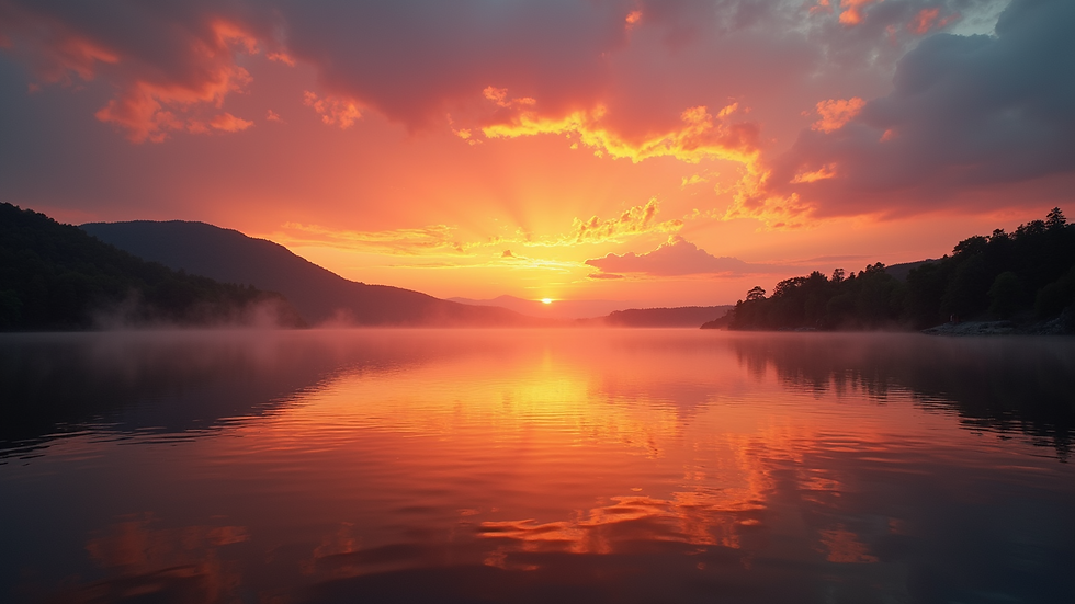 Eye-level view of a vibrant sunset over a tranquil lake