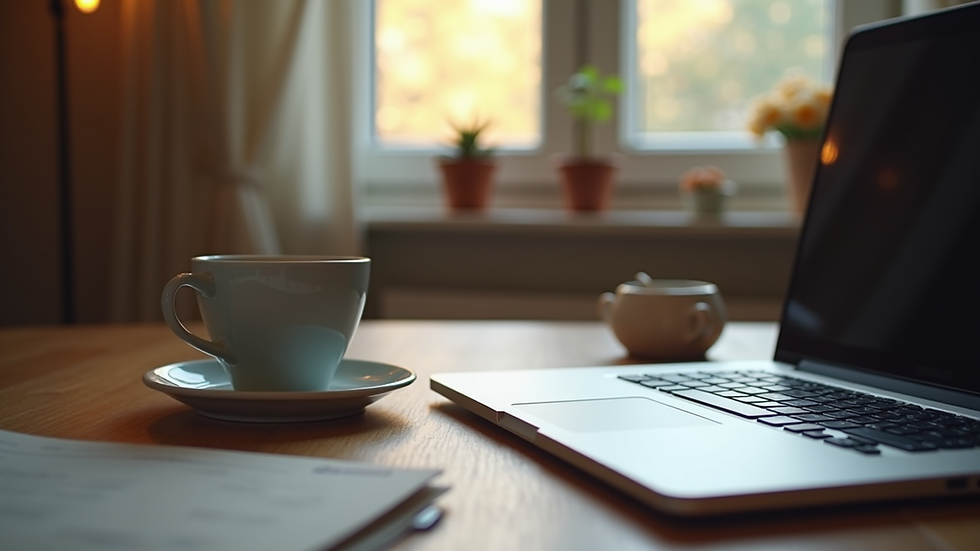Eye-level view of a cozy workspace with a laptop and a cup of coffee