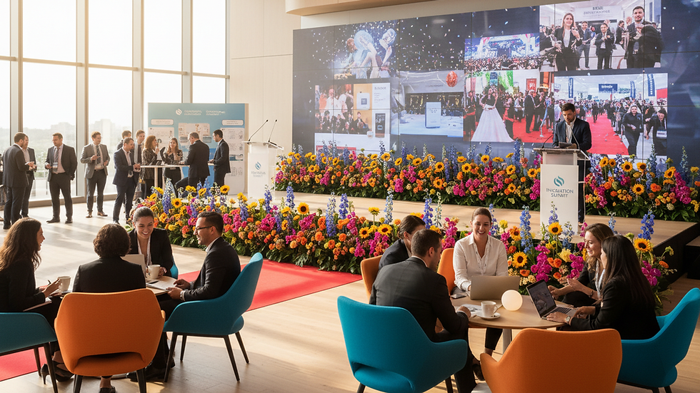 Eye-level view of a modern conference room setup with chairs and stage