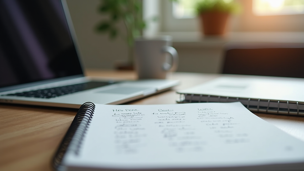 Eye-level view of a laptop and notebook on a desk with event planning notes