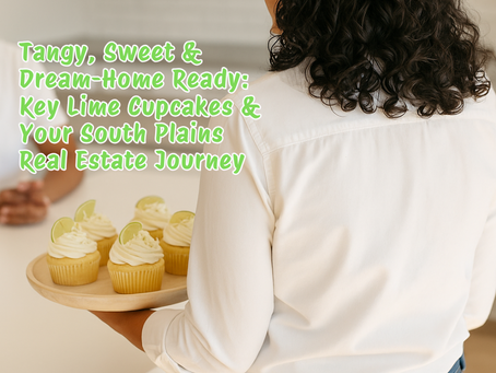 Laurie Rodriguez, top Lubbock and South Plains Realtor with Key & Slate Real Estate Group, offering a Key Lime Cupcake in a bright kitchen while wearing a white blouse and jeans.