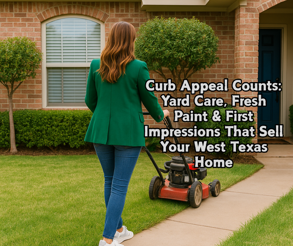 Lainie Eilenberger, Top Lubbock and West Texas Realtor with Keller Williams Realty Lubbock, mowing a front lawn of a red-brick home while wearing a green blazer and jeans, demonstrating the importance of curb appeal and yard maintenance when selling a home.