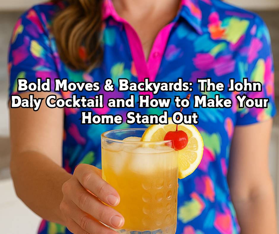 A woman in a colorful golfing blouse hands a chilled John Daly cocktail to the viewer, capturing the vibrant and laid-back spirit of the drink.