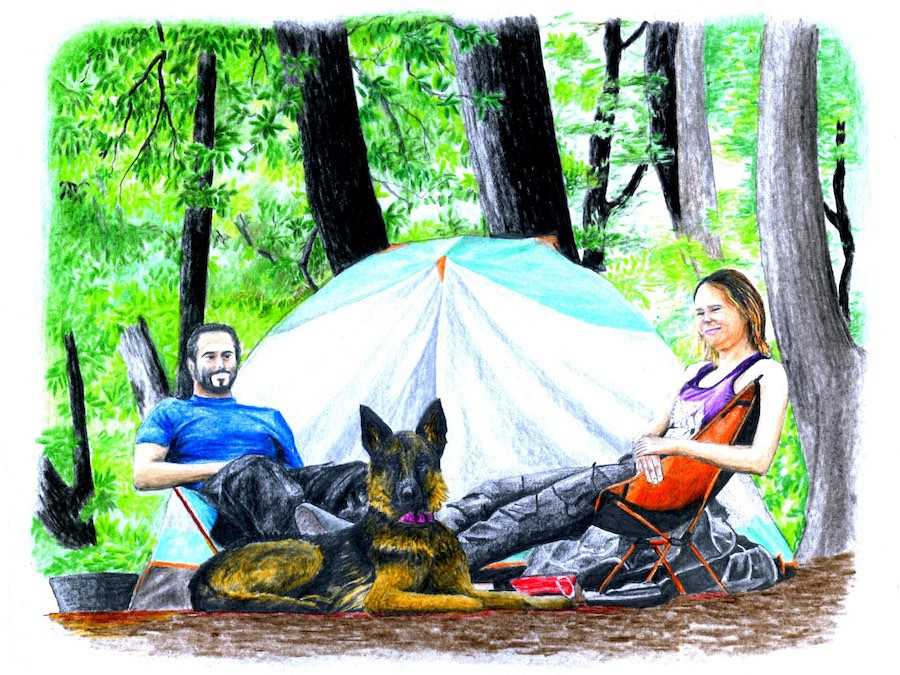 Drawing of a couple and dog sitting beside tent at campsite