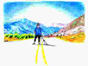 cow dog, girl, and mountains