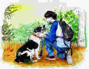 boy and dog wears handmade macrame collar from Guatemalan artisans