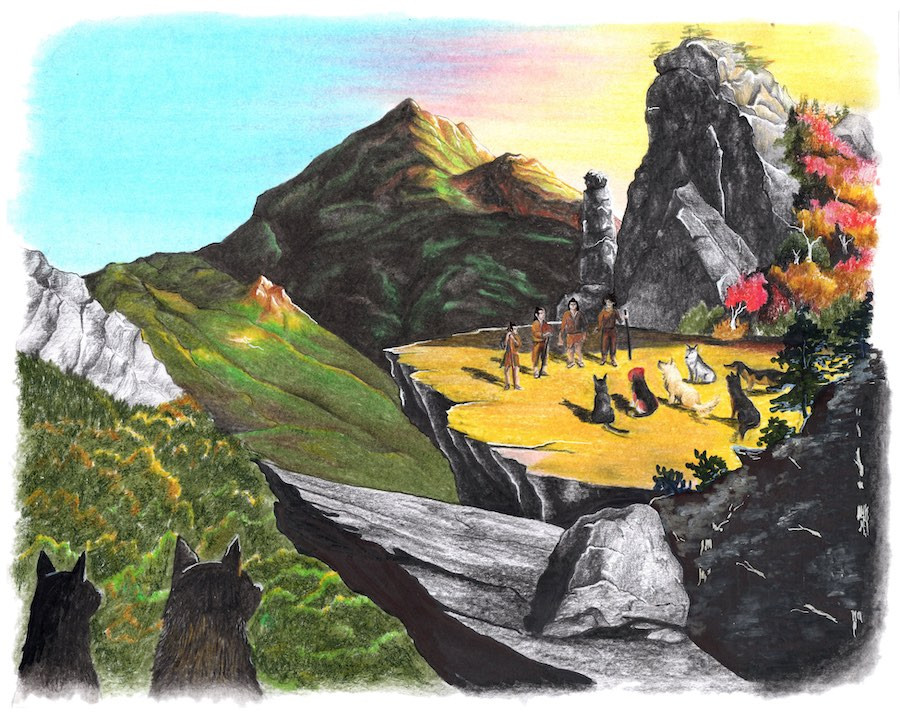 dogs watch mountain scene with ancient people and dogs