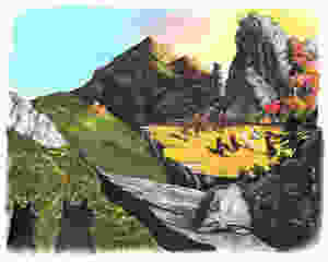 dogs watch mountain scene with ancient people and dogs