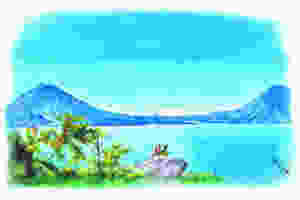 drawing of a woman and dog sitting on a rock over a lake surrounded by volcanoes