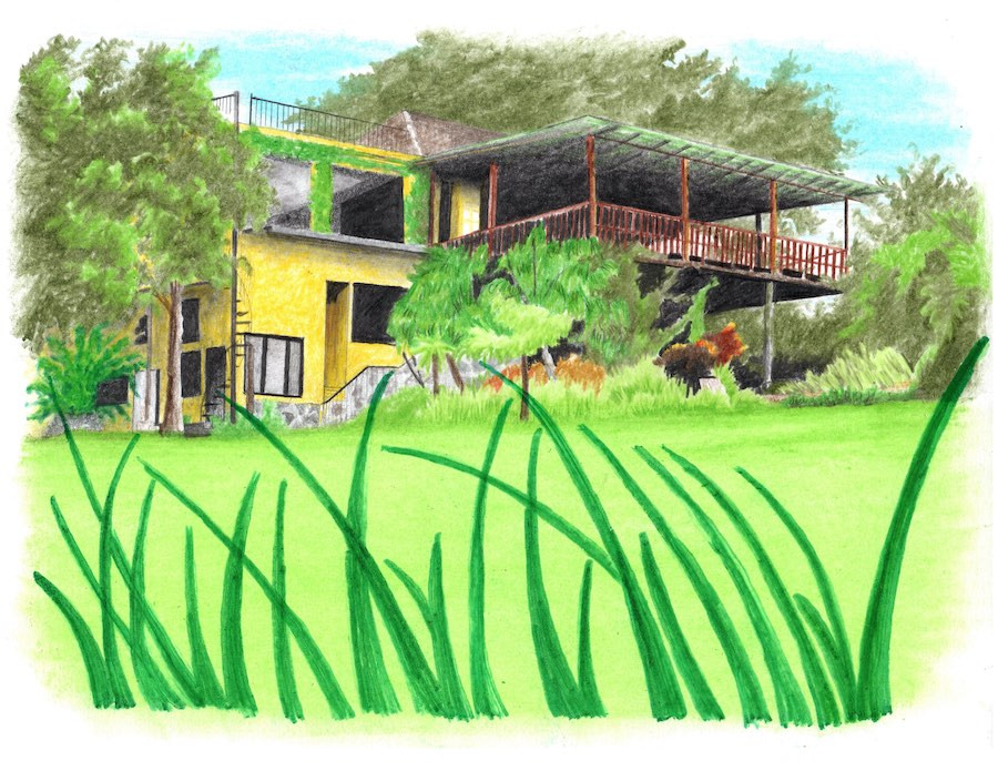 Drawing of hotel with terrace and green landscape