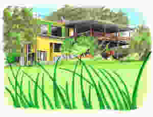 Drawing of hotel with terrace and green landscape
