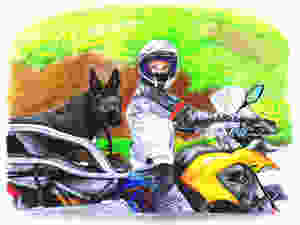 Drawing of woman and German Shepherd dog on BMW motorcycle