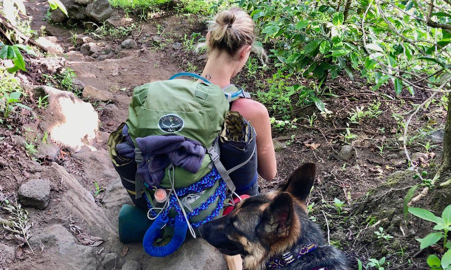 Hiker with German Shepherd and handmade paracord dog leash