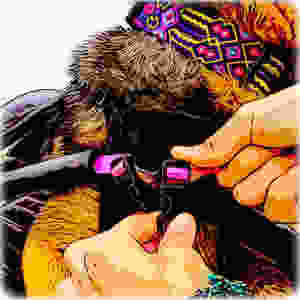 Cartoon of woman strapping dog into motorcycle dog carrier