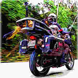 Cartoon of German Shepherd dog riding on adventure motorcycle with tail in wind