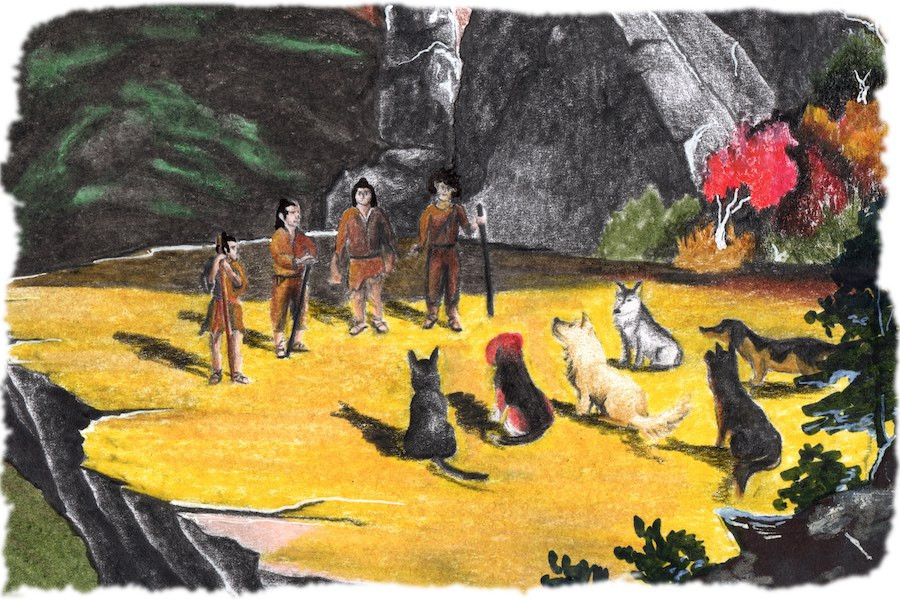 primitive dogs and men meet to hold a council
