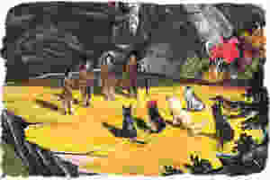 primitive dogs and men meet to hold a council