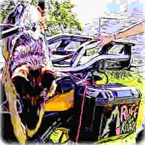 Cartoon of German Shepherd dog leaping down from adventure motorcycle dog carrier